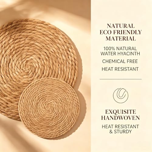 Image of 13.8 Inch Round Woven Placemats Set of 8, Rattan Chargers for Dinner Plates, Rattan Wicker Table Mats Jute Braided, Boho Farmhouse Rustic Braided Place Mats for Kitchen Dining Party Decor