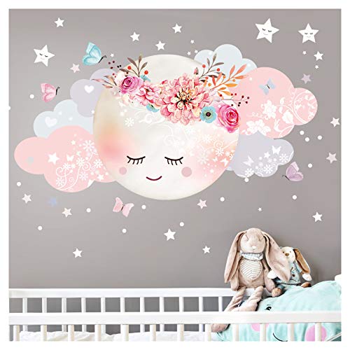 Little Deco Wandsticker Kinderzimmer Mädchen Mond & Wolken I L - 77 x 38 cm (BxH) I Wandtattoo Babyzimmer selbstklebend Wandaufkleber Sterne Blumen Kinder DL243