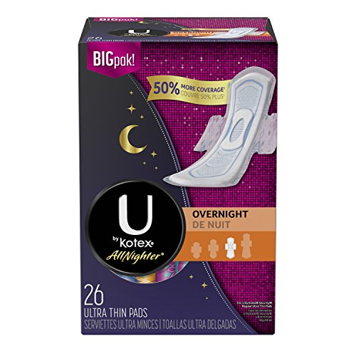 U by Kotex All-Nighter Overnight Ultra Thin Pads with Wings, Unscented, 26 Count