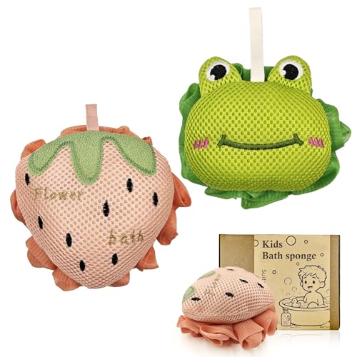 Kids Bath Sponge Cute Kids Loofah Frog&Strawberry Shower Pouf Soft Mesh Bath Loofah Fun Bath Accessories for Boys and Girls