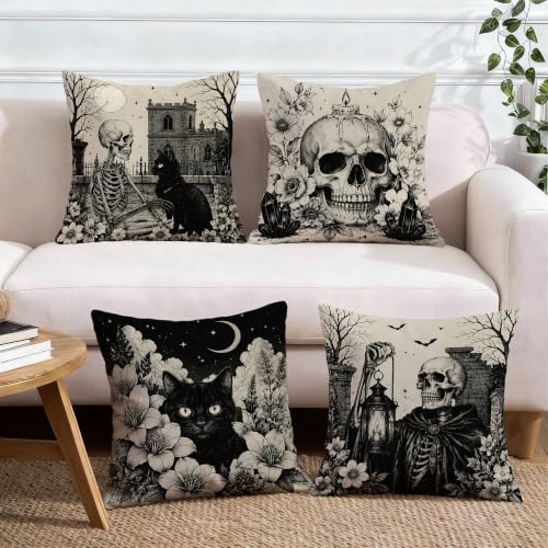 Coussin chat squelette gothique : fermeture éclair invisible