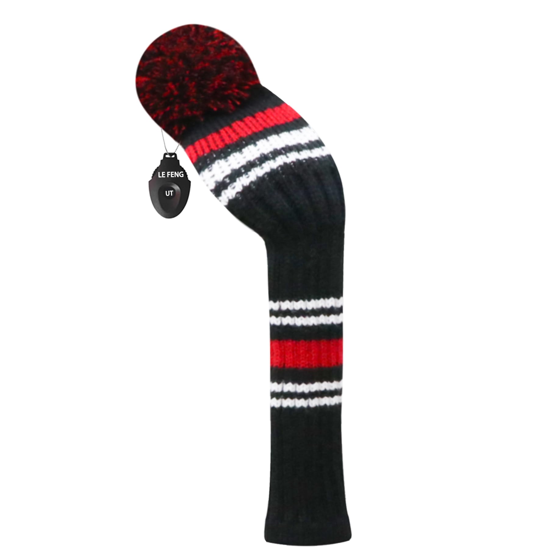 LeFeng 1Pcs Golf Club Cover, Knitted Golf Head Cover for 460cc Driver Fairway Woods and Hybrid with Cute Pom Pom and Number Tag(Red Black Stripes,Hybrid)