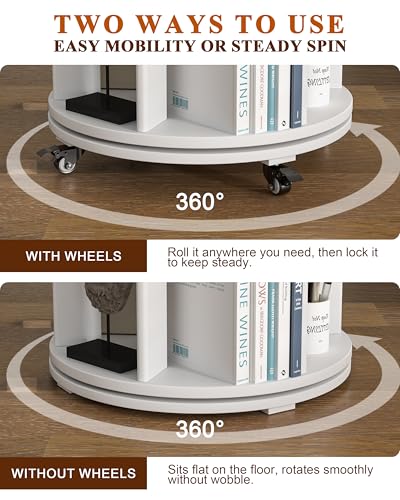 Image of IUNVR 4 Tier Rotating Bookshelf Tower Spinning Bookshelf with Swivel Wheels Book Shelf Rotating Storage Tower for Kids Adult Narrow Solid Wood Revolving Bookcase Organizer for Bedroom Living Room