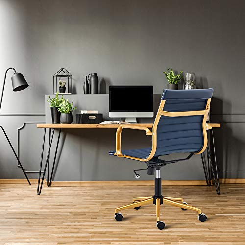 Luxmod Gold Office Chair In Blue Leather, Mid Back Office Chair With Armrest, Gold And Blue Ergonomic Desk Chair For Back & Lumbar Support, Modern Executive Chair - Blue… #TOP1