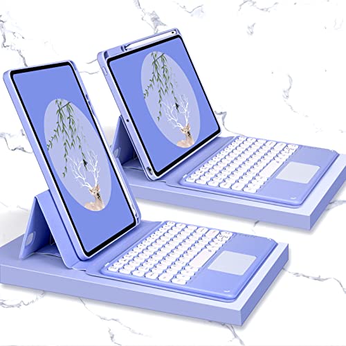 磁気吸着 iPad Air 第5世代 カラーキーボード iPad Air4 キーボードケース 縦置きスタンド機能 Pencil 収納 iPad Pro11 分離式 キーボード タッチパッド搭載 丸型キー 透明な背面シェル カバー(紫)