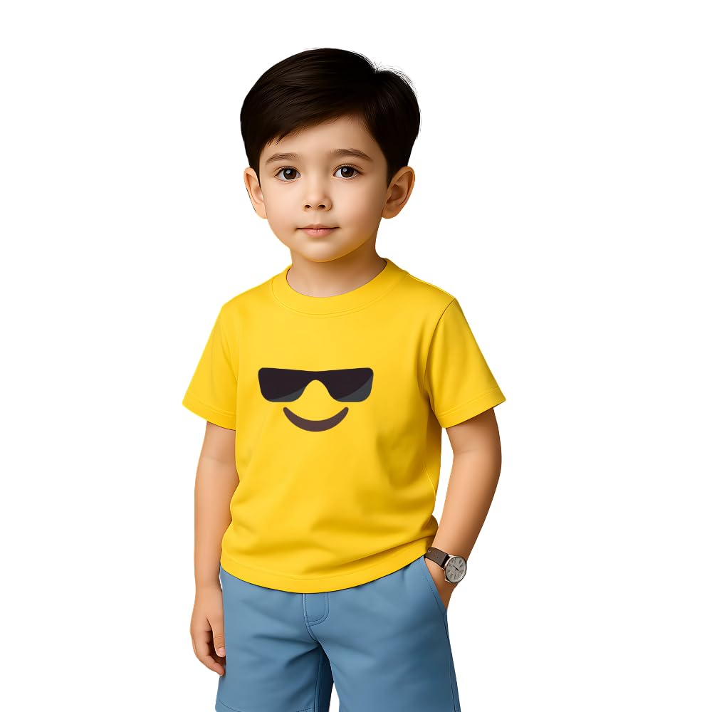 Kids Yellow Smiley Face T-Shirt - Kids Unisex Round Neck Short Sleeve Cotton T-Shirt - Soft and Comfortable Tshirt - Emoji Face Cotton Tshirt For Kids