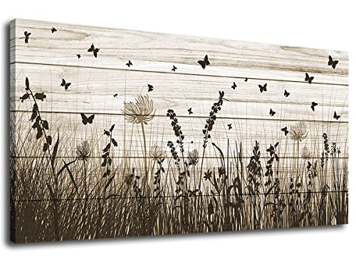 Wildflower Wall Art Autumn Canvas Picture Butterfly Grass Dandelion Artwork Vintage Wooden Board Painting Prints for Bedroom Living Room Office Home Kitchen Wall Decor Framed Ready to Hang 30