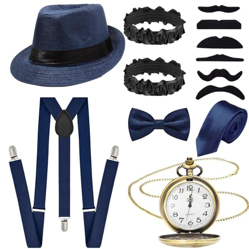 Glirop 13Pcs 1920s Gatsby Costume Set for Men Gentleman Roaring 20s Accessories Kit with Hat Suspenders Pocket Watch Bow Tie Beards Cuffs Tie for Adult Halloween Theme Parties Fancy Dress (Blue)