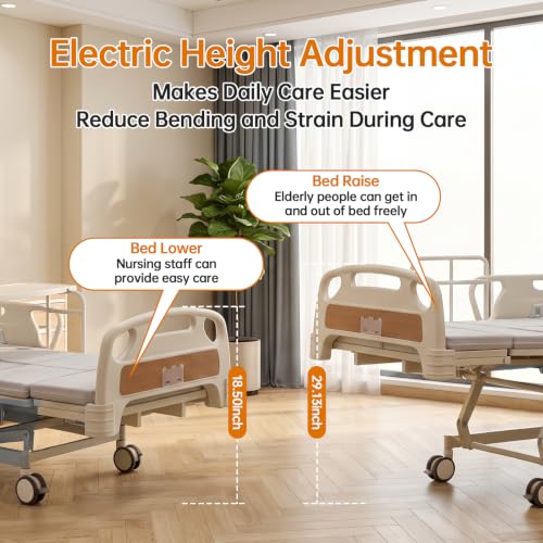 Image of Electric Hospital Beds for Home Use, Full Electric Adjustable Medical Bed with Height Adjustment 18 inch-25 inch, Auto Turning, Built-in Commode, IV Pole, Overbed Table, 3 inch Mattress, 550 LBS Capacity