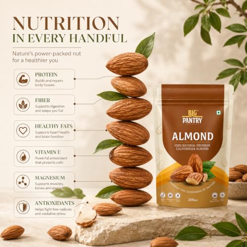 Image of Big Pantry Premium California Almonds 200g | Natural Whole Badam Rich in Protein & Fiber | Crunchy Dry Fruits for Healthy Snacking | Resealable Freshness Pouch | Pack of 5