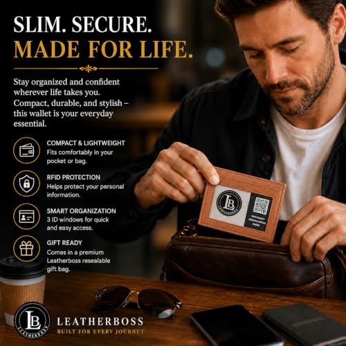 Image of LB LEATHERBOSS Slim Thin Leather Credit Card Triple ID Window Mini Wallet Bifold Driver License Safe (Tan)