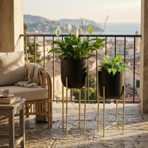 Image of Metal Decorative Modern Indoor Planters for Home Decor Black Planter Gold Stand for Living Room Bedroom Balcony Home and Office | Modern Flower Pots | Set of 2