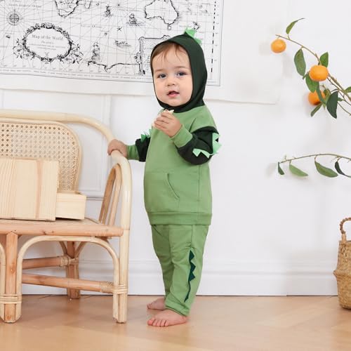 Infant Baby Boy Hooded Dinosaur Fall Outfit Contrast Sweatshirt Pant Set Toddler Dinosaur Clothes 6 12 18 Months 2T2