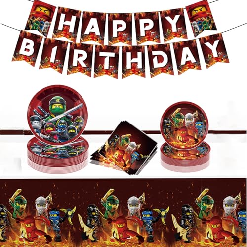 Ninja Birthday Decorations, Ninja Game Party Tableware Include Birthday Banner, Tablecloth, 20 Plates and 20 Napkins for Fans Adults Party Decor