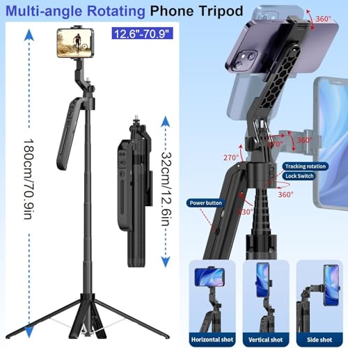 Auto Face Tracking Tripod for iPhone, 360° Rotation Motion Sensor Phone Tripod Stand, 71” Extendable Smart Tracking Phone Holder Selfie Stick Tripod for Android Phone Camera Mount for Video Vlog - Image 5