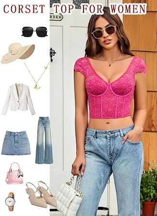 Avidlove Lace Corset Tops for Women V Neck Bustier Cap Sleeve Summer Top | Sexy underwire corset,breathable floral lace fabric,underwire design,hooks & eyes buckle,perfect for summer wear