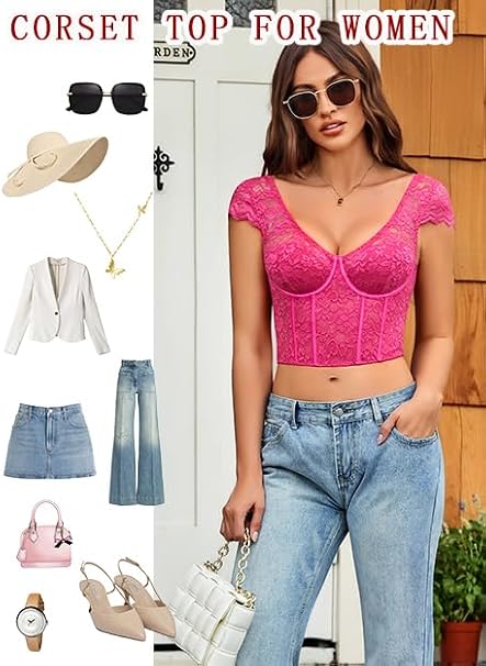 Avidlove Lace Corset Tops for Women V Neck Bustier Cap Sleeve Summer Top | Sexy underwire corset,breathable floral lace fabric,underwire design,hooks & eyes buckle,perfect for summer wear