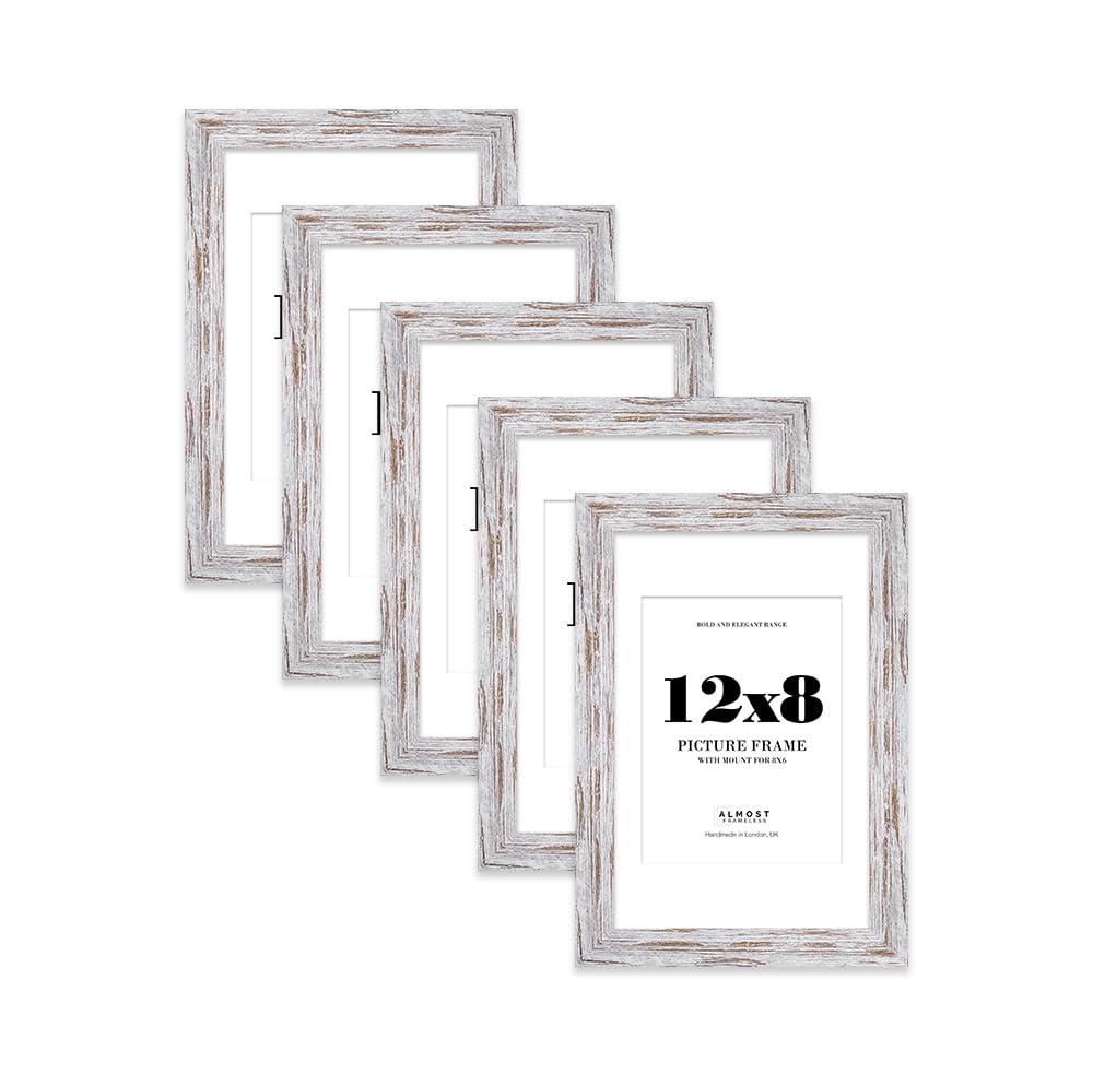12x8 Distressed Wood Frame With Mount for 8x6 Pictures 28mm Edge Portrait and Landscape Display with Wall Hooks and Kickstand, 5 Pack