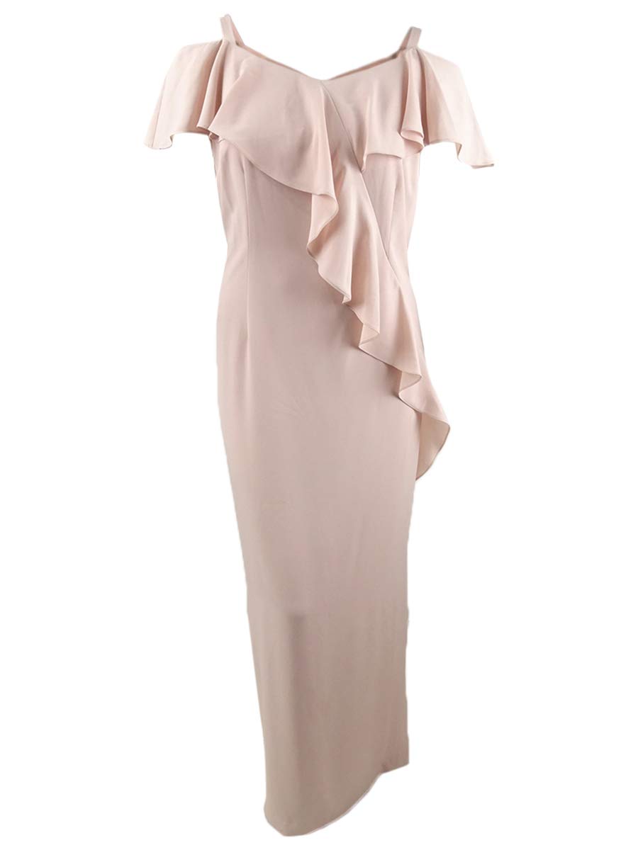 Adrianna PapellWomens Pink Ruffled Slitted Zippered Short Sleeve Off Shoulder Maxi Sheath Evening Dress Size 16