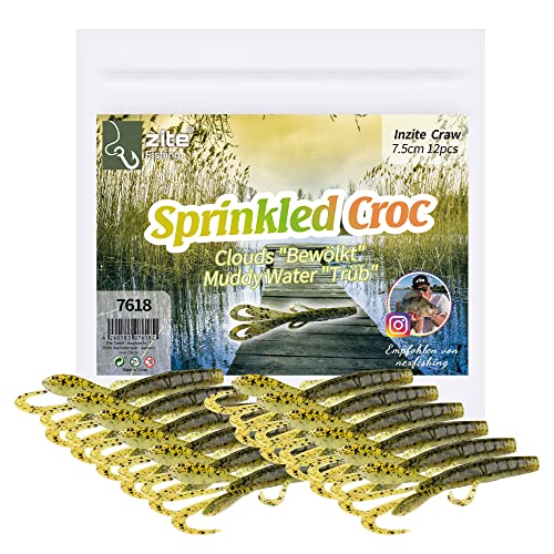 Zite Fishing Creature Bait Gummiköder Inzite Craw - 12 STK Drop Shot Finesse Angelköder Barsch & Zander Angeln - Auch UV-Aktive Kunstköder Farben (Sprinkled Croc)
