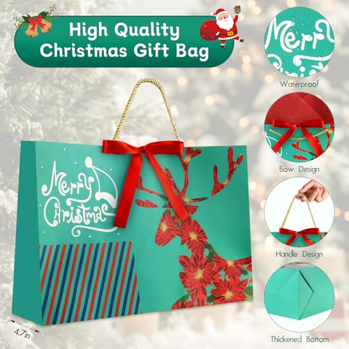 Image of JMANNI Christmas Gift Bags,1PCS Large christmas Gift Bag with Ribbon and 1 Greeting Card 2 Tissue Papers, Portable Paper Gift Bag with Handles, Reusable and Perfect For Your Xmas Presents （Green）