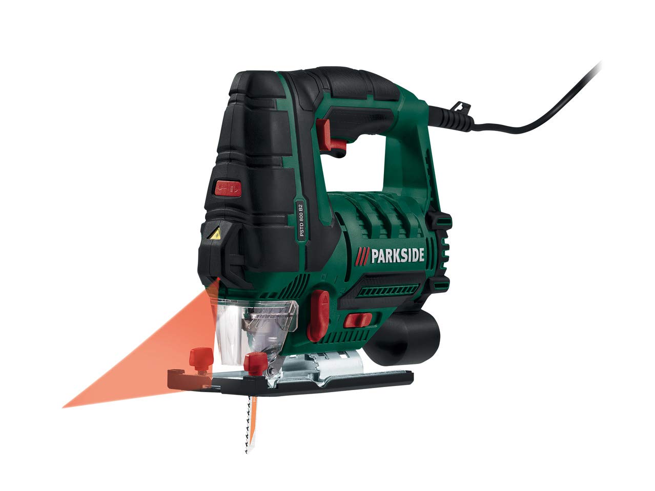 Park Side®, Seghetto alternativo, PSTD 800 B2, con guida laser e luce da lavoro a LED, funzione soffiatrucioli, attacco per aspiratore esterno, 800 Watt