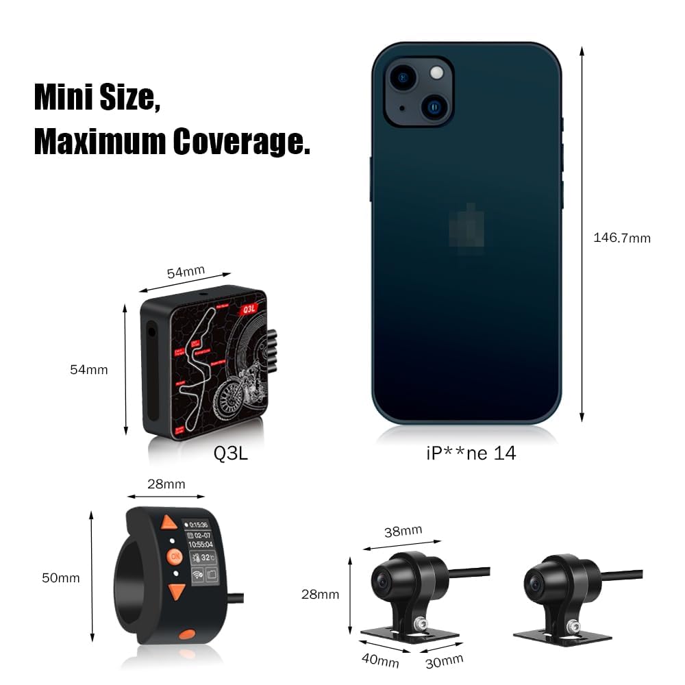 VSYSTO WiFi Dash Camera per moto, controller con display OLED, download video ad alta velocità, telecamera anteriore e posteriore 1080P, avviso in caso di vibrazioni anomale, sensore G (Q3L)