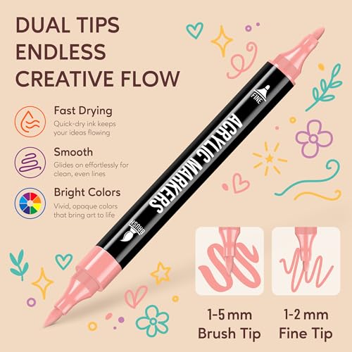 Pagather 24 Colors Acrylic Paint Markers, Dual Tip with Fine...