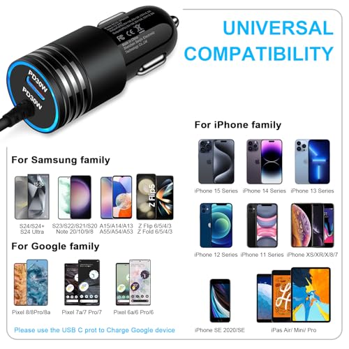 Fast USB C Car Charger for Google Pixel 9 Pro XL Fold 8a 8 Pro 7a 7 Pro 6a 6 Pro 5 5a 4 4a 4XL 3 3a 3XL 2 XL, 60W Dual Port PD Google Pixel Car Charger Adapter with 3ft Type C Fast Charging Cable