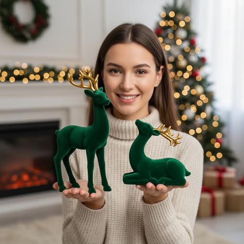 Figurines de renne contre déco de Noël fade : statue cerf résine verte floquée 24,9 cm - 8