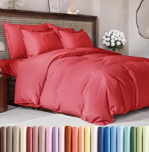 Image of Duvet Cover Queen Size Set - Extra Soft Queen Duvet Cover 90 inch x 90 inch with 2 Pillow Shams for Women, Men, Kids & Teens - Hotel Luxury, Easy-Care w / Zipper Closures & Ties - Comfy and Breathable (Red)