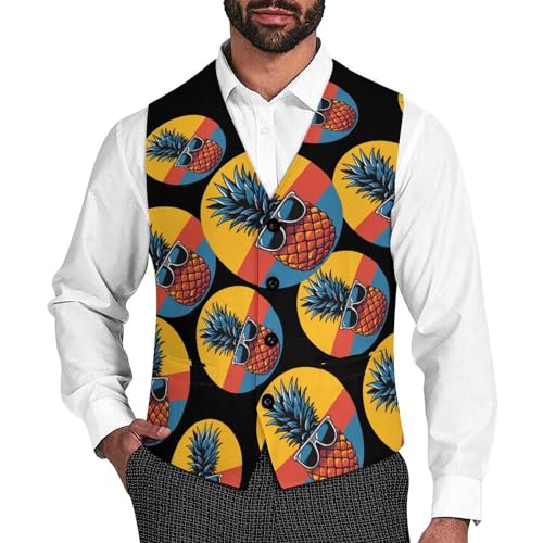 Vintage Pineapple Men's Suit Vests Dress Vest V-Neck Waistcoat Slim Business Formal with Pocket