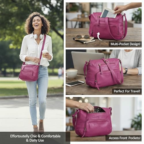 Image of Oak Leathers Women's Crossbody Bag - Genuine Leather Crossover Shoulder Purse With Adjustable Sling Strap - Medium Size