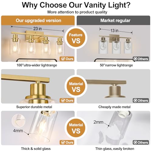 Image of Indoi 4-Light Bathroom Light Fixtures, Brushed Gold Modern Vanity Lights with Clear Glass Shades, Bathroom Wall Lamp for Mirror Living Room Cabinet Bedroom Porch