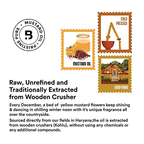Image of Barosi Kachi Ghani Mustard Oil 1.5 Litre (Combo of 2 * 750ml) | Pure & Natural Cold Pressed Mustard Oil (Sarso Tel) | Traditionally Extracted from Wooden Crusher | Glass Bottle Packaging