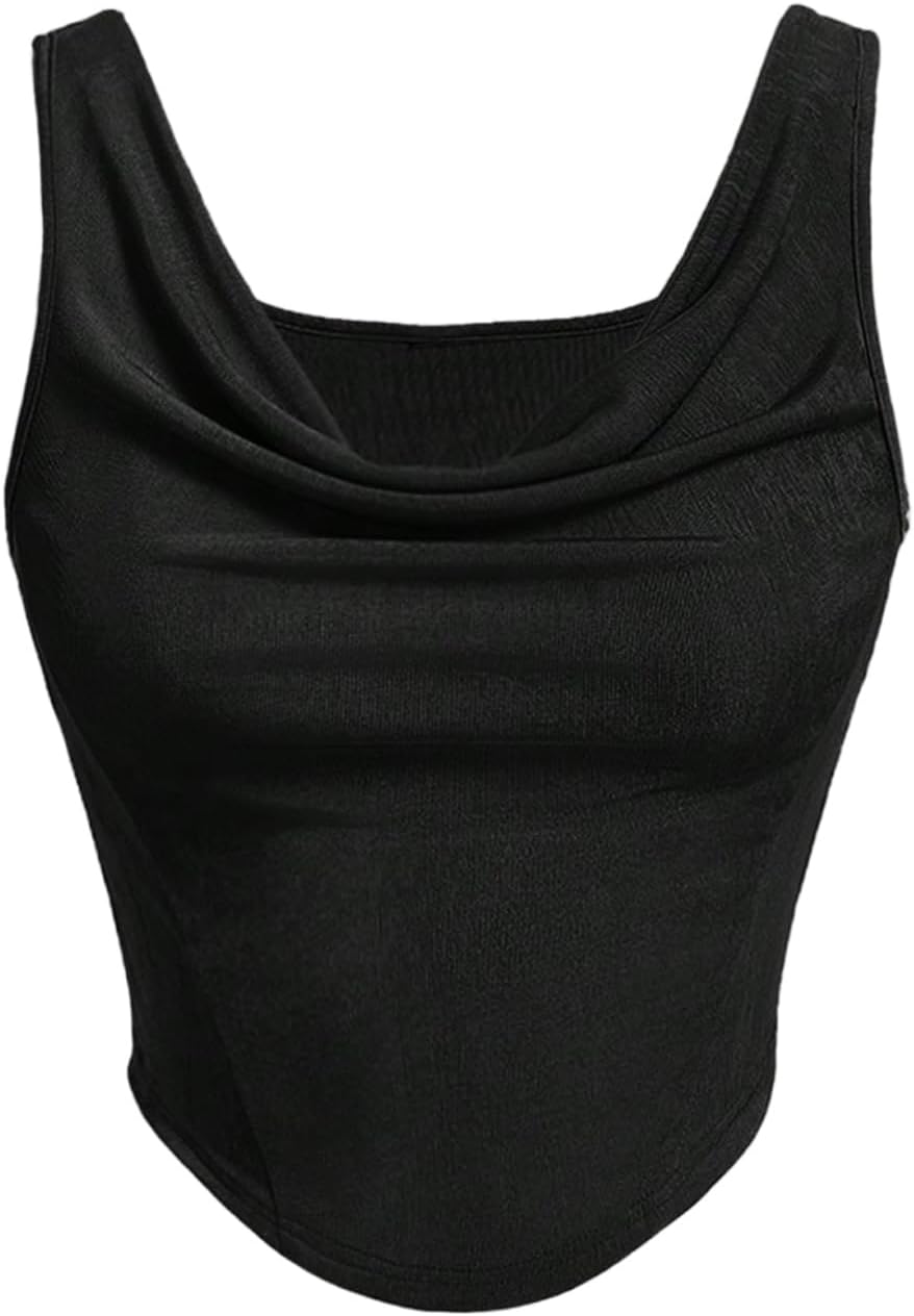SOLY HUX Women's Ruched Cowl Neck Tank Top Sleeveless Slim Fit Asymmetrical Going Out Tops Medium Solid Black