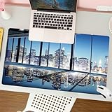 QRFASFZO Großer Mauspad - 80x30cm Gaming-Mauspad mit genähten Kanten, Nicht rutschender Unterlage,Modern, Bürogebäude im Stadtbild mit glasigem Bildfoto, Braungrün,Schreibtischmatte und Maus