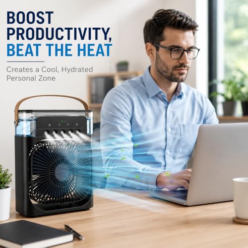 Image of Drumstone 𝟏𝟓-𝐘𝐚𝐫 𝐋𝐨𝐧𝐠-𝐋𝐢𝐟𝐞 𝐖𝐚𝐫𝐚𝐧𝐭𝐲, Mini Portable Air Cooler, Personal Cooling Fan with Adjustable Spray Function and LED Light, Compact Evaporative Cooler for Table Desk & Travel