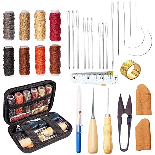 Kit Lavorazione Pelle 32 Pezzi Kit Lavorazione Cuoio Kit di Attrezzi in Pelle Cucire a Mano Filo per Cucire Punteruolo per Cucire Ditale con Misurare per Fai da Te Cucito Principiant