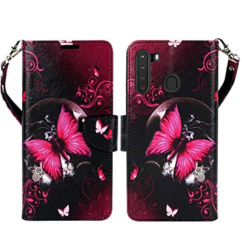 ZASE Design Cover for Samsung Galaxy A11 Protective Case, Galaxy A11 6.4inch Wallet Case Cute Woman Girls Premium PU Leather Flip Folio w/Kickstand ID Card Slot Wrist Strap (Hot Pink Butterfly)