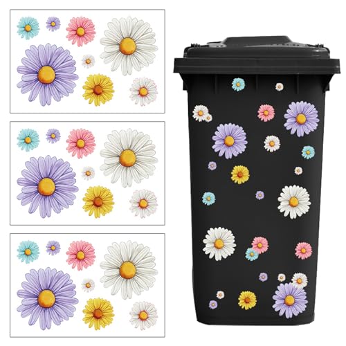 Autocollants de Poubelle à Roulettes, 3 Feuilles Autocollants de Fleur de Poubelle à Roulettes Autocollant Poubelle Extérieure Margarite Autocollants pour...