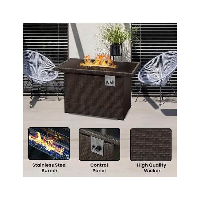 PRIMETEK 2-in-1 Fire Pit Table for Patio, Brown Wicker 44", 50,000 BTU, Wind Guard, and Glass Rocks (44 x 32 x 24 in)