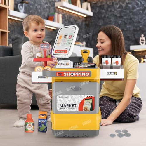 Image of VikriDA 46-Piece Pretend Play Cash Register Set with Water Outlet, Calculator, Scanner, Credit Cards, Coffee Machine & Play Food - Yellow