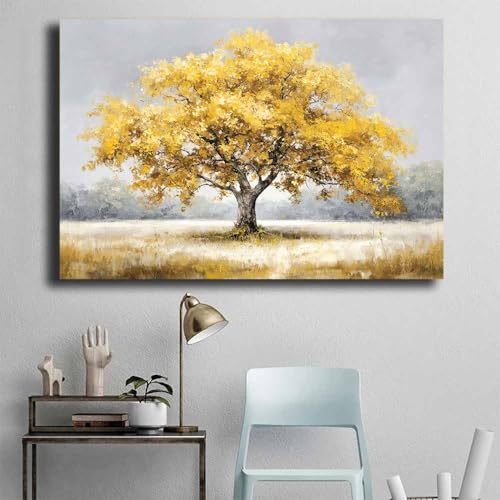 Tableau Arbre de la vie pour salle de bain moderne cadre jaune 50x70
