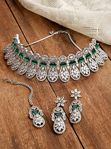 Image of Karatcart Silver Tone Green American Diamond Studded Necklace Set for Women