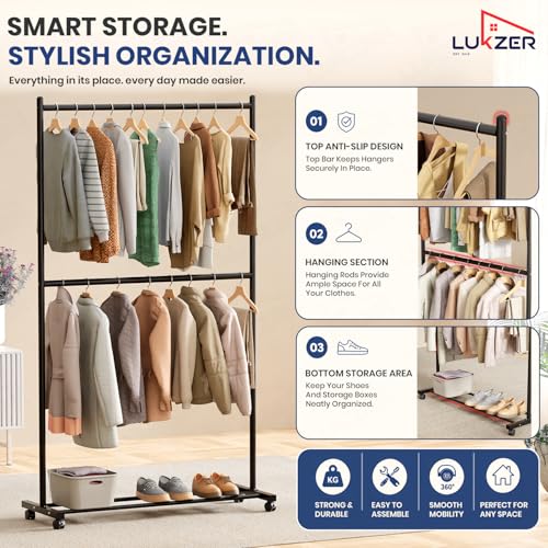 Image of Lukzer Double Rod Garment Rack with Wheels | MGS-006 / Black | Heavy-Duty Metal Clothes Stand Organizer with Bottom Shelf | Rolling Clothing Rack for Bedroom, Laundry & Boutique (183 x 110 x 40 cm)