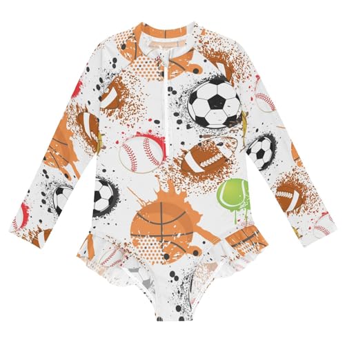 Ollabaky Baby Girls Long Sleeve Swimsuit Sport Balls One Piece Bathing Suit Rash Guard UPF50+ Toddler Girl Swimwear, 11-12T Multi