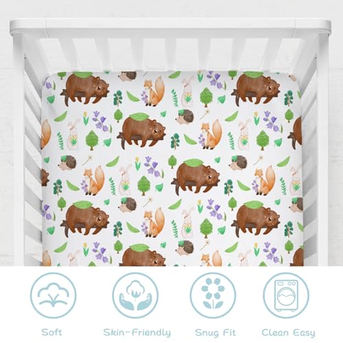 Image of Animals Trees Floral Spring Baby Crib Sheets for Boys Girls 52 inchx28 inch Cute Bear Bunny Hedgehog Fox Soft Breathable Unisex Baby Nursery Bed Sheets for Standard Crib and Toddler Mattresses