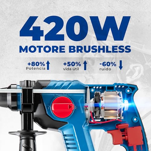 DongCheng Martillo perforador sin cable 18V, energía de impacto 2,1 J, 4 piezas SDS-plus, perforación hasta 28 mm, motor de percusión sin escobillas empuñadura antivibración baterías 4Ah y cargador 2A - imagen 2