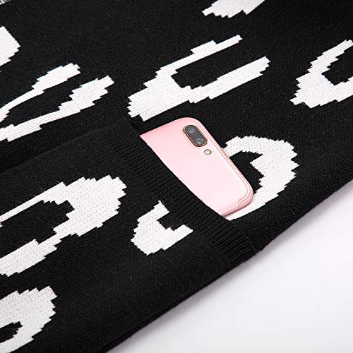 Women Long Sleeve Open Front Leopard Knit Long Cardigan(S,Black Leopard)